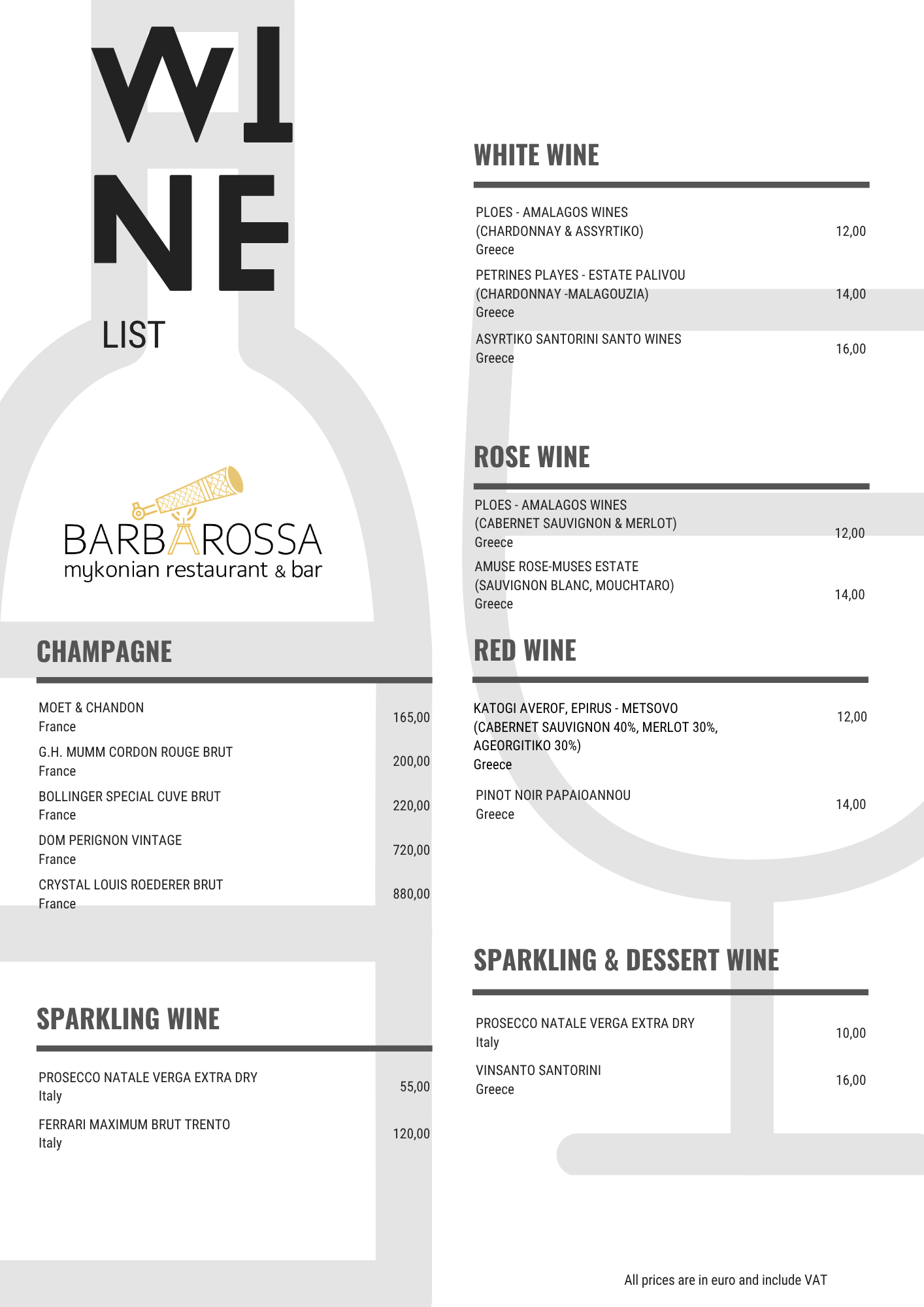 Barbarossa Mykonos wine list — champagne, sparkling and dessert wines.