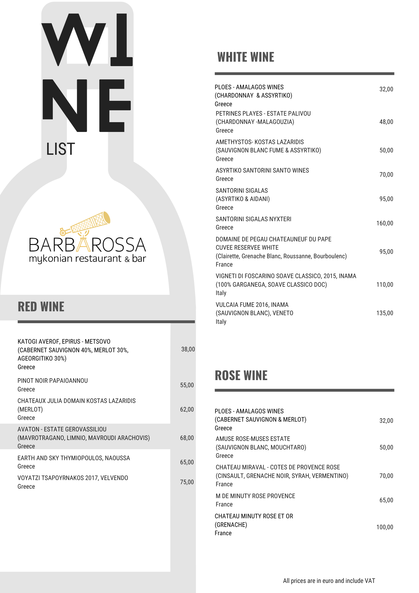 Barbarossa Mykonos wine list — red, white and rosé selections.