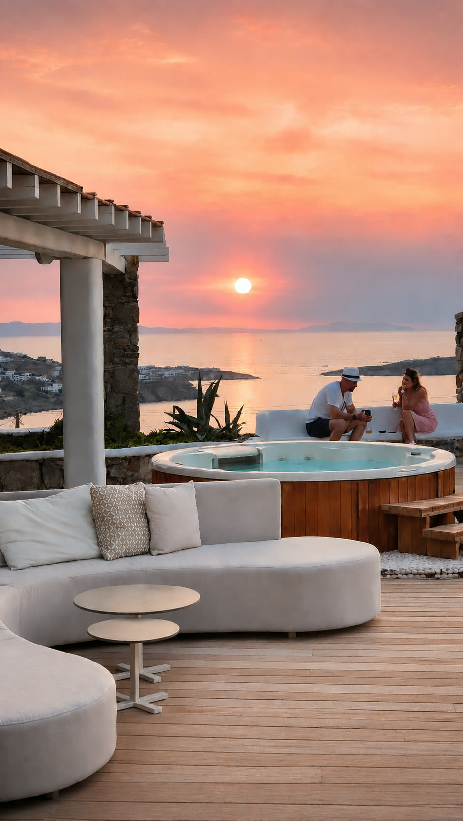 Couple in jacuzzi at sunset above Mykonos at Barbarossa
