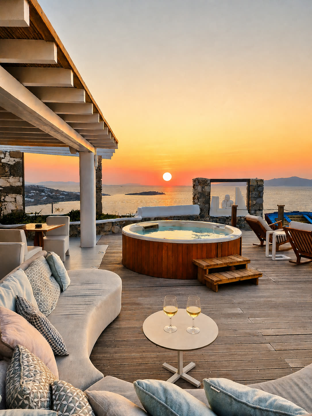 Golden-hour lounge at Barbarossa with cocktails on the terrace