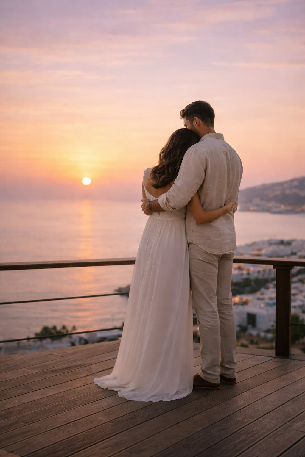 Candlelit proposal dinner overlooking Mykonos Town at night from Barbarossa