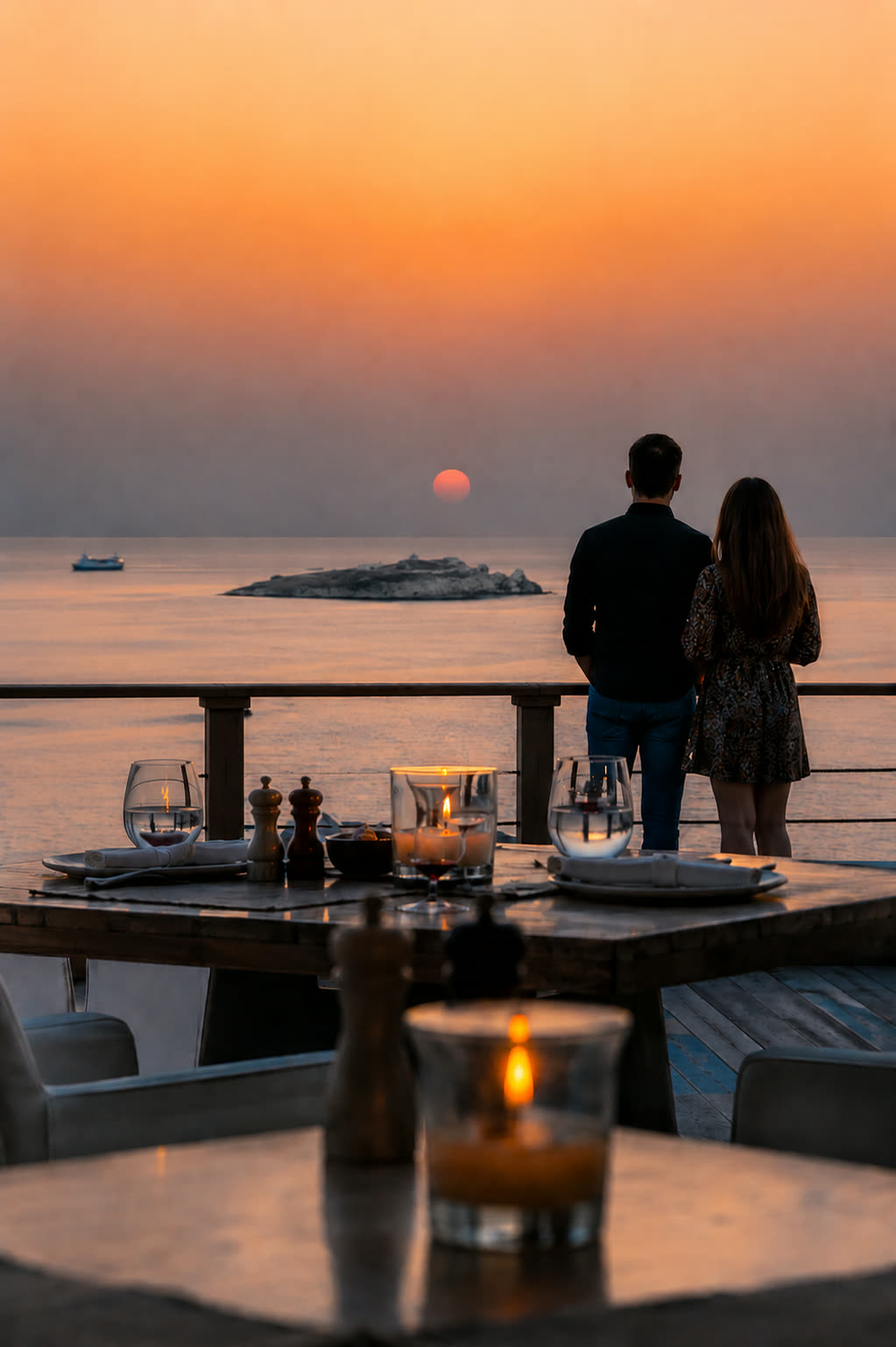 Sunset terrace at Barbarossa with golden Aegean horizon